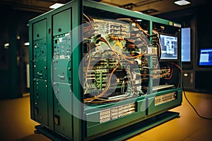 industrial data center, retro analog devices for industry and scientific research and measurements, in interior of