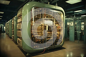 industrial data center, retro analog devices for industry and scientific research and measurements, in the interior of a