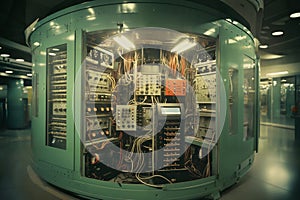 industrial data center, retro analog devices for industry and scientific research and measurements, in interior of