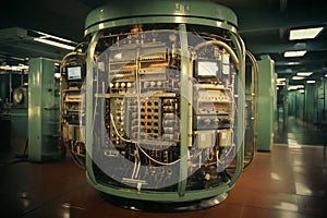 industrial data center, retro analog devices for industry and scientific research and measurements, in interior of