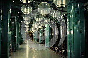 industrial data center, retro analog devices for industry and scientific research and measurements, in the interior of a