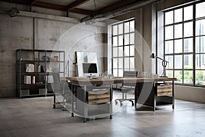 industrial desk with sleek and minimalist design in a spacious office environment
