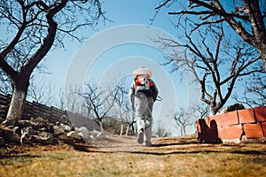industrial details with man using sprayer machine for pesticide control in fruit orchard during spring time