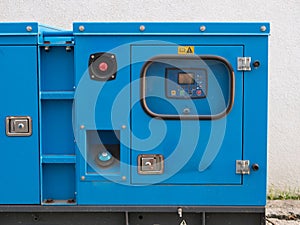 Industrial diesel power generator electrical equipment. close-up of control panel with display and buttons