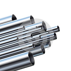 Industrial different diameter metal pipes. Aluminum or steel pipe, glossy metallic pipes vector illustration