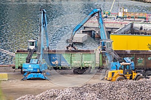 Industrial diggers load railway carriages