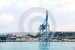 Industrial dock with loading and unloading of sea transport on the Bosporus in Istanbul, Turkey. Transportation, storage