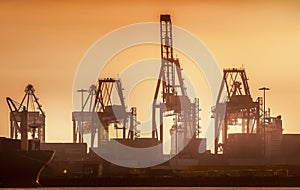 Industrial docklands skyline at dusk