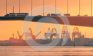 industrial docklands skyline at dusk on the Yarra river, Melbourne