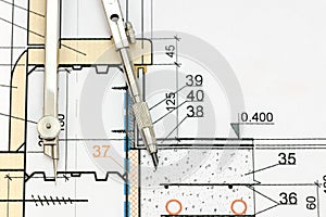 Industrial drawing detail with drawing compass top view