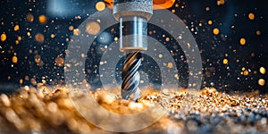 Industrial drill perforating metal surface creating gold chips photo