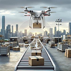 Industrial drone automating package delivery on conveyor belt in modern warehouse