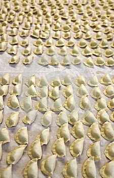 Industrial dumplings production before cooking.