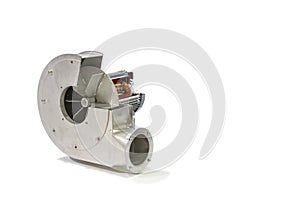 Industrial dust exhaust ventilation centrifugal fan air blower assembly with electric motor cross section on ground and shadow