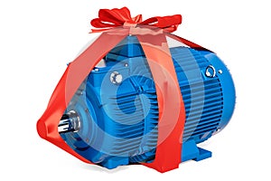 Industrial electric motor with bow and ribbon, gift concept. 3D