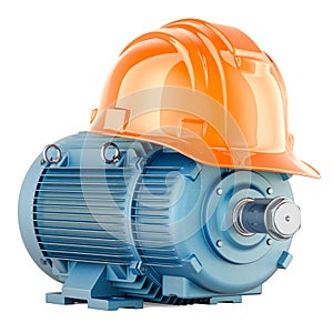 Industrial Electric Motor with Construction Hard Hat, 3D rendering