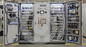 Industrial electrical control panel with open doors showing components