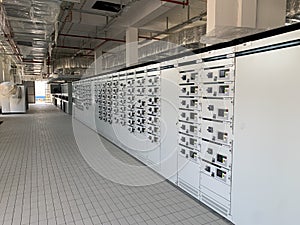 An industrial electrical control room of a power distribution system of an industrial facility.