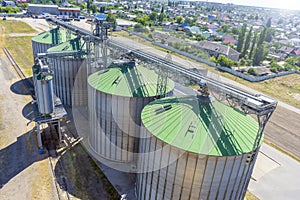 Industrial elevator, top view. High angle aerial view of industrial elevators and dryers