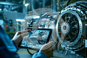 Industrial Engineer Holding Tablet in Front of Machine