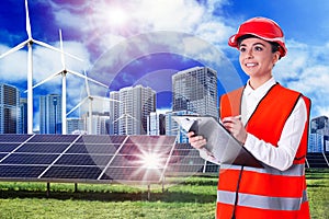 Industrial engineer in uniform and view of solar panels and wind energy turbines installed outdoors