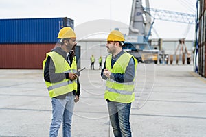 Industrial engineers working in logistic terminal of container cargo