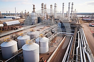 an industrial enterprise with huge oil and gas storage tanks,top view,aerial photography,oil and gas refining concept,economics,