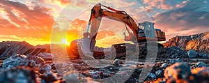 Industrial excavator on construction site against a vibrant sunset, depicting heavy machinery at work in mining operations