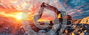 Industrial excavator on construction site against a vibrant sunset, depicting heavy machinery at work in mining operations