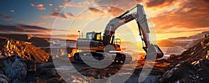 Industrial excavator on construction site against a vibrant sunset, depicting heavy machinery at work in mining operations