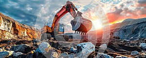 Industrial excavator on construction site against a vibrant sunset, depicting heavy machinery at work in mining operations