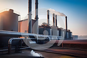 Industrial exterior of oil refinery with pipes, smokestacks, and storage tanks emitting steam