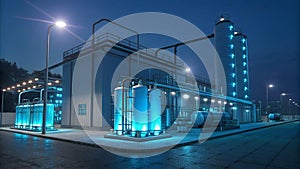 Industrial facility at night with illuminated tanks and equipment