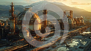 Industrial facility at sunset with mountains - generative ai