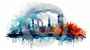 Industrial factories that emit air pollution through smokestacks. - concept of global warming. - Generative ai