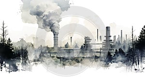 Industrial factories that emit air pollution through smokestacks. - concept of global warming. - Generative ai