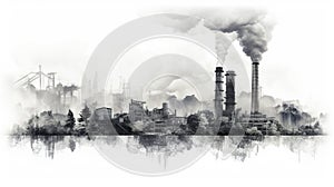 Industrial factories that emit air pollution through smokestacks. - concept of global warming. - Generative ai