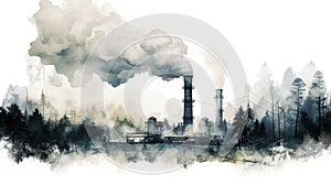 Industrial factories that emit air pollution through smokestacks. - concept of global warming. - Generative ai