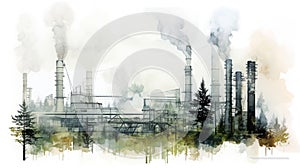 Industrial factories that emit air pollution through smokestacks. - concept of global warming. - Generative ai