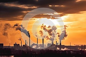 Industrial factory with billowing smokestacks at sunset, symbolizing air pollution and environmental impact