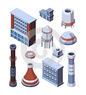 Industrial factory building set. Industrial isometric hulls with brown pipe, concrete and iron storages with ladder