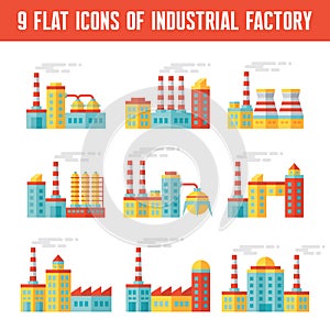 Industrial factory buildings - 9 vector icons in flat design style