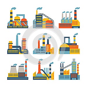 Industrial factory buildings icons set in flat