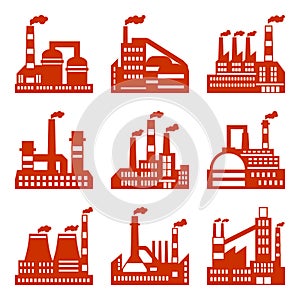 Industrial factory buildings icons set in flat