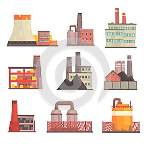 Industrial factory buildings set. Modern power plants, manufacture buildings colorful vector Illustrations