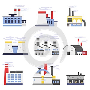 Industrial factory buildings set, power and chemical plant vector illustrations