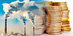 Industrial factory chimneys on background of money .