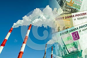 Industrial factory chimneys on background of money .