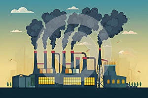Industrial factory emitting smoky emissions, pollution concept