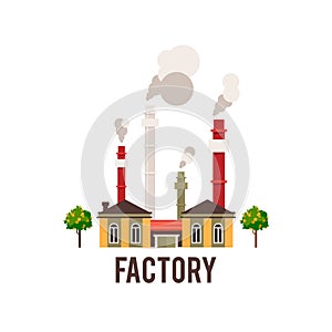 Industrial factory in flat style a vector an illustration.Plant or Factory Building.road tree window facade.Manufacturing factory